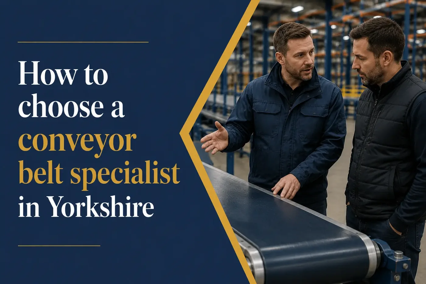 Conveyor engineer discussing a conveyor belt installation with a warehouse manager in Yorkshire