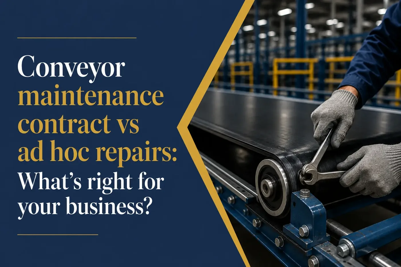 A technician using a wrench to service a conveyor belt roller — conveyor maintenance contract vs ad hoc repairs