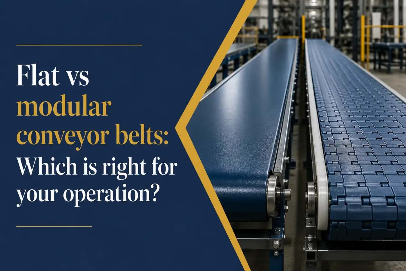 Flat belt and modular conveyor systems in an industrial warehouse, illustrating different conveyor belt solutions for manufacturing and logistics.